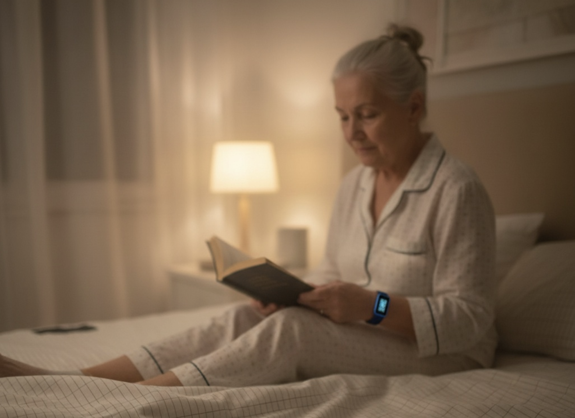 Martha reading in bed wearing her Fitbit